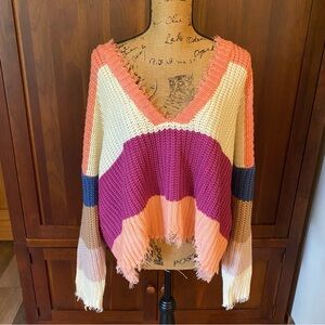 Macaron Women’s Chunky Knit Striped Color Block Distressed V Neck Sweater Large